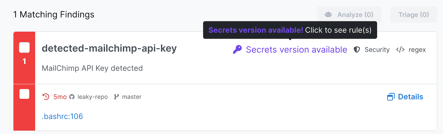 Finding tagged as having a Secrets rule available