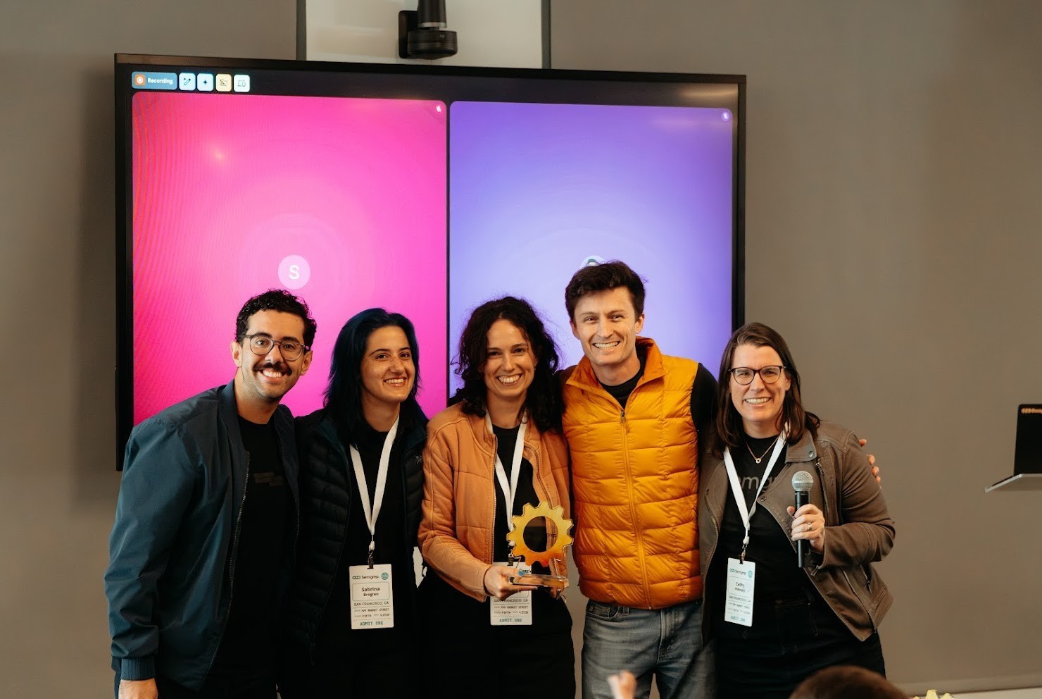 Semgrep hackathon award winners pictured with Semgrep leadership.