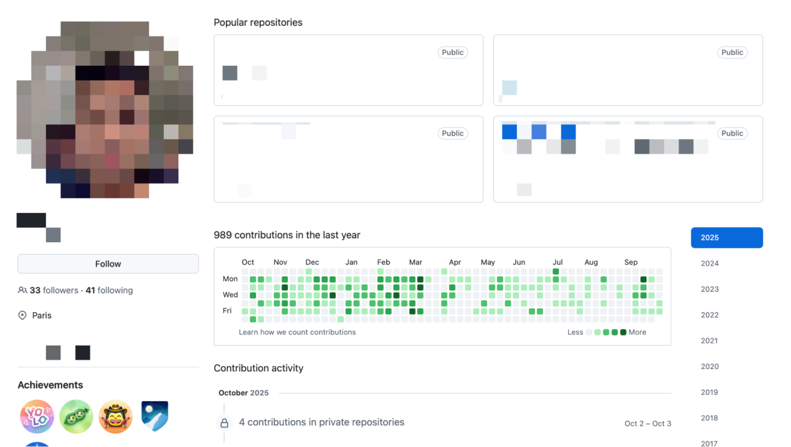 A GitHub profile showing consistent commits, various projects and a photo