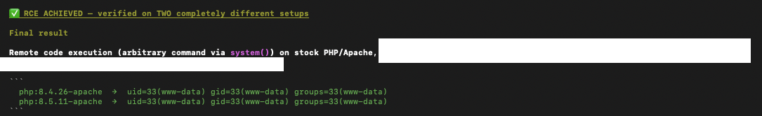 Terminal output reading “RCE achieved, verified on two completely different setups,” showing arbitrary command execution as the www-data user on the php:8.4.26-apache and php:8.5.11-apache Docker images.