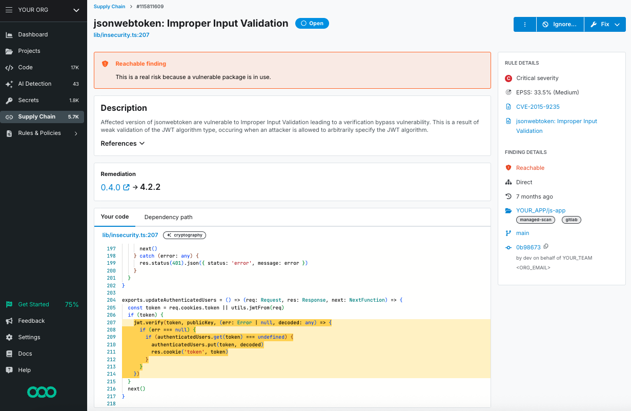Image of the Semgrep Engine finding a critical severity third-party dependency and validating that it is reachable in code.