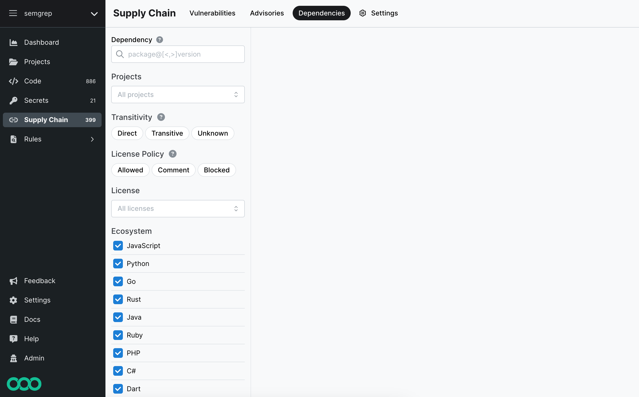 Screenshot of default dependency search page