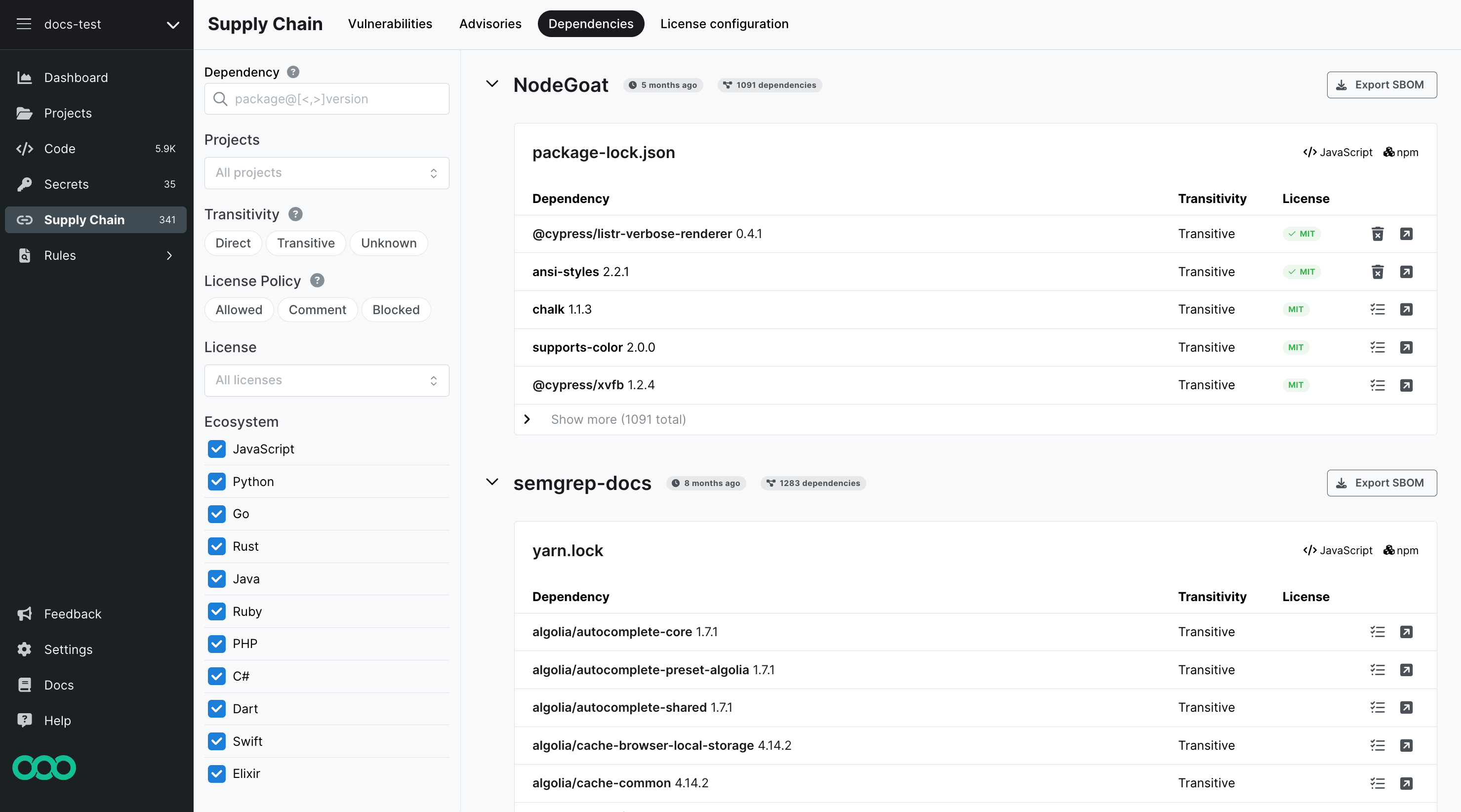 Screenshot of default dependency search page