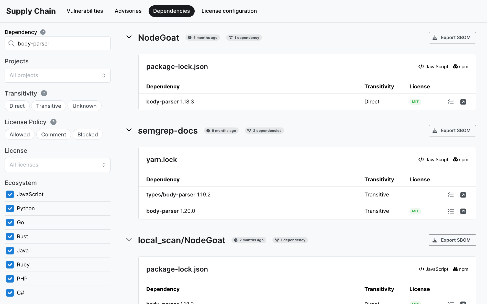 Screenshot of dependency search with query