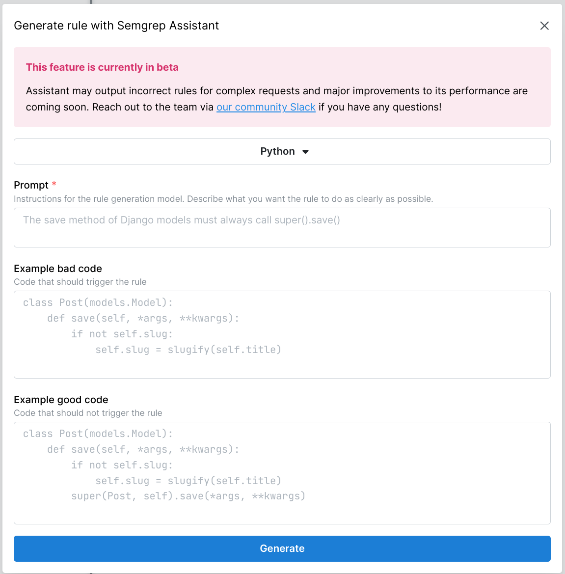 Generate rule with Semgrep Assistant form