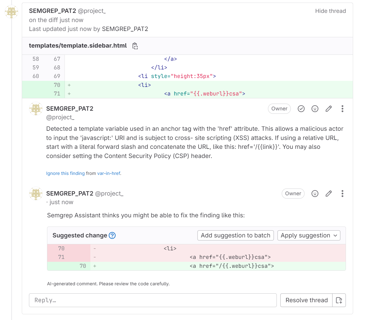 MR comment from Semgrep Assistant in GitLab