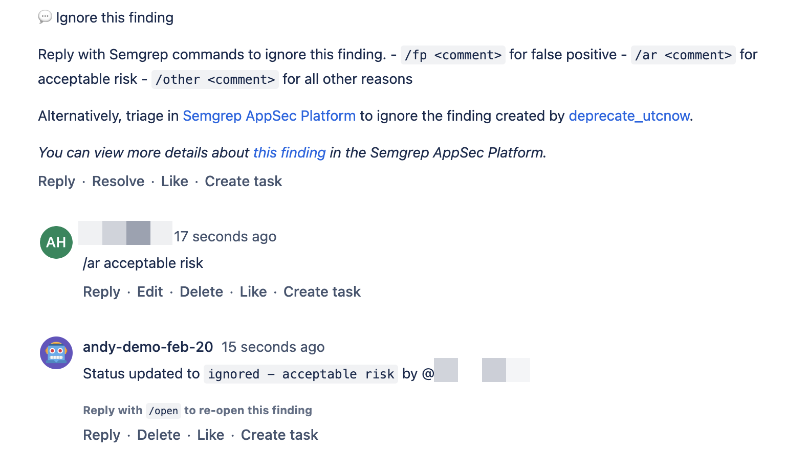 Semgrep AppSec Platform PR comment in Bitbucket