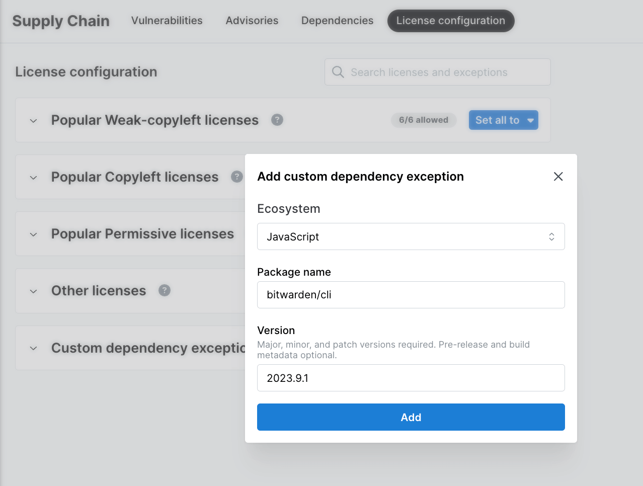 Semgrep AppSec Platform&#39;s Add custom exception window