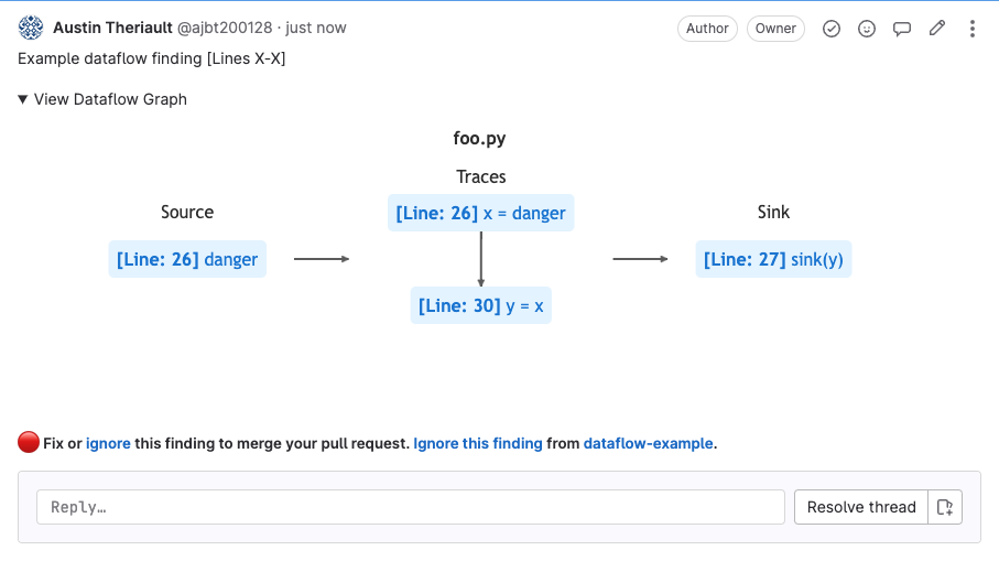 Screenshot of a GitLab MR comment with dataflow traces