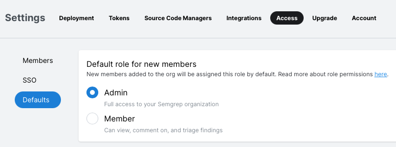 Screenshot of default user role