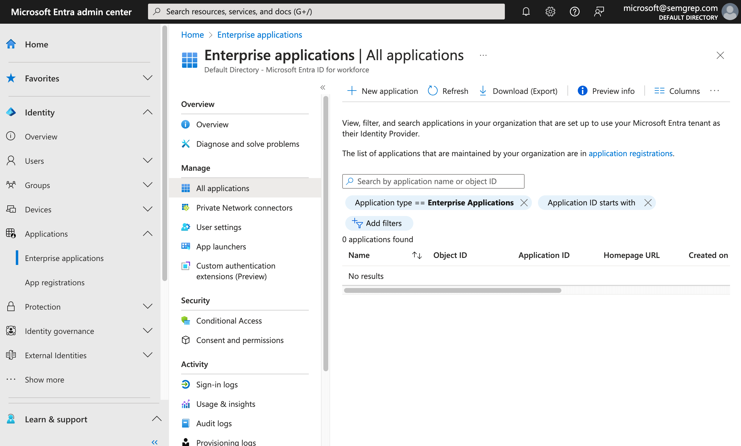 Microsoft Entra admin center&#39;s Enterprise applications screen