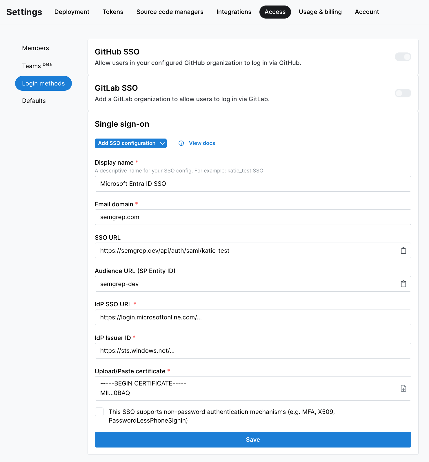 Semgrep AppSec Platform&#39;s SAML2 configuration screen