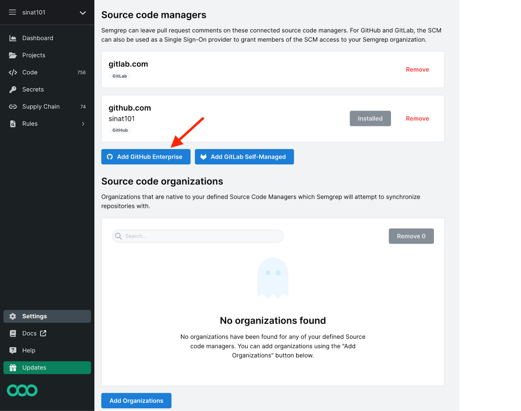 Semgrep AppSec Platform&#39;s Source code managers page