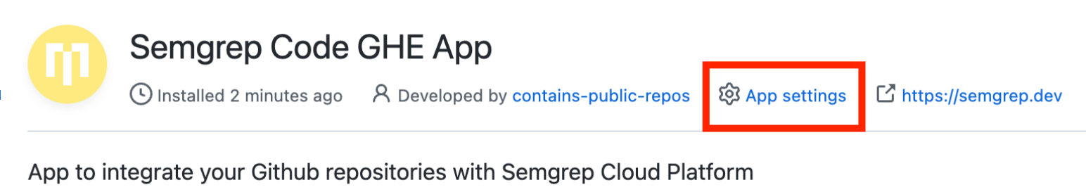 GitHub Apps page showing App settings link