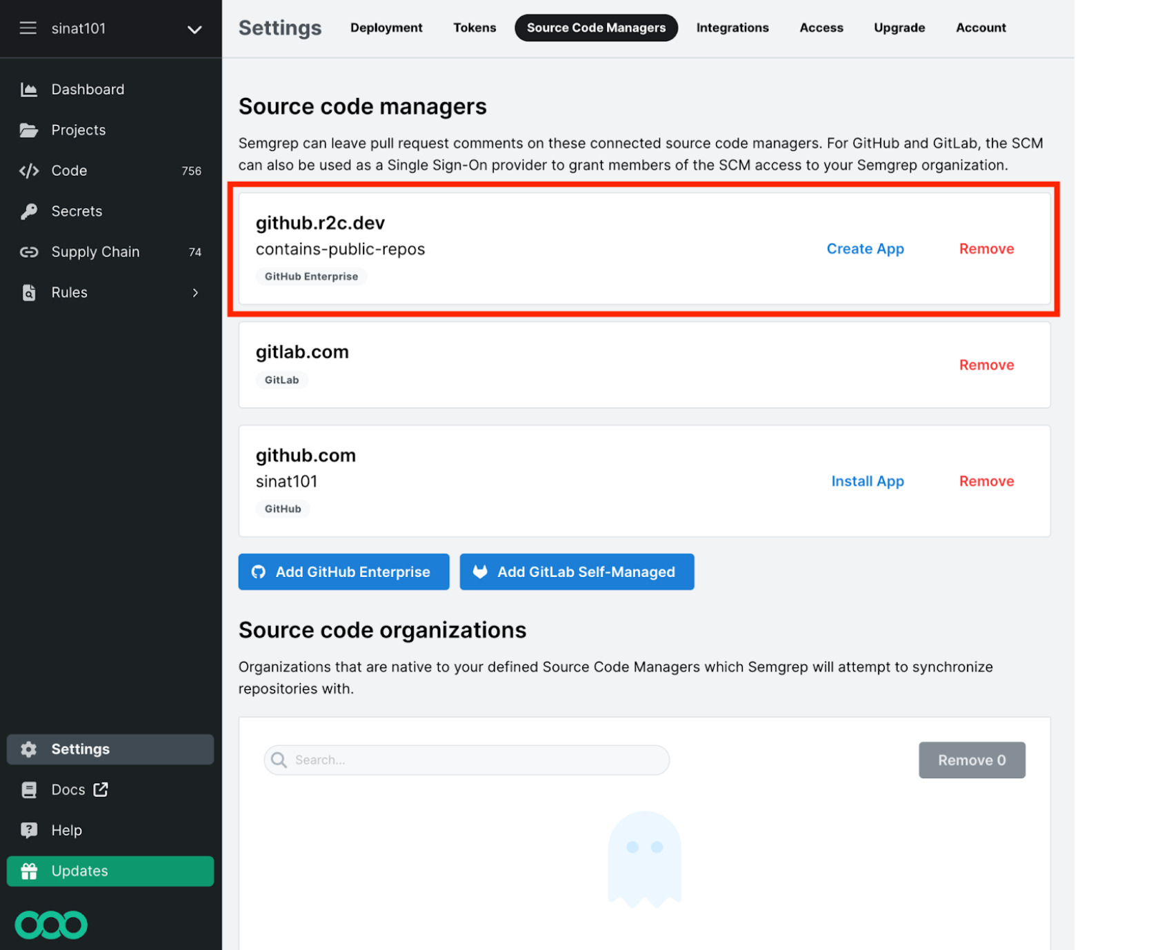 Semgrep AppSec Platform&#39;s Source code managers page with new GHE instance