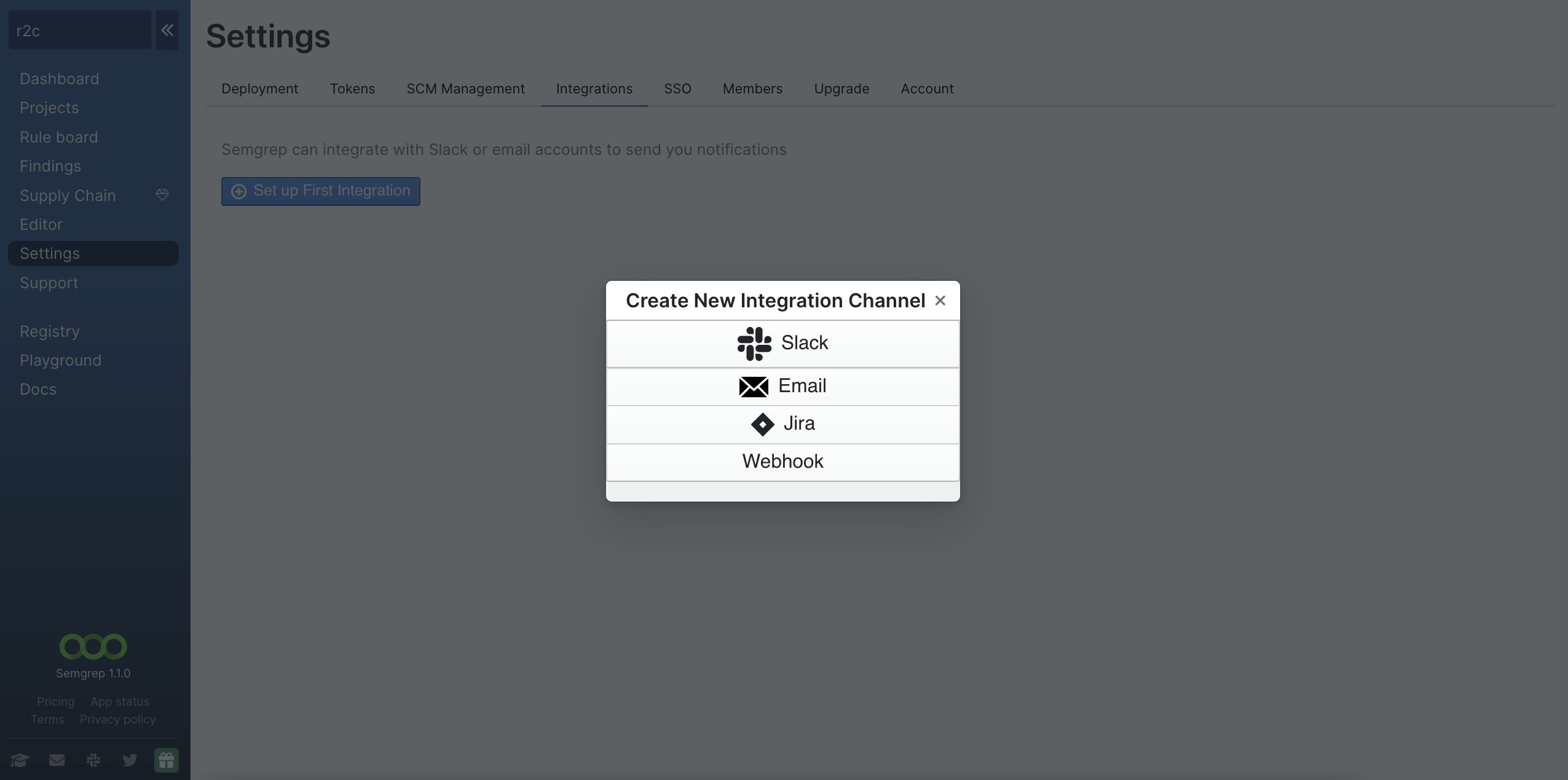 Screenshot of Integrations page while adding the first integration.