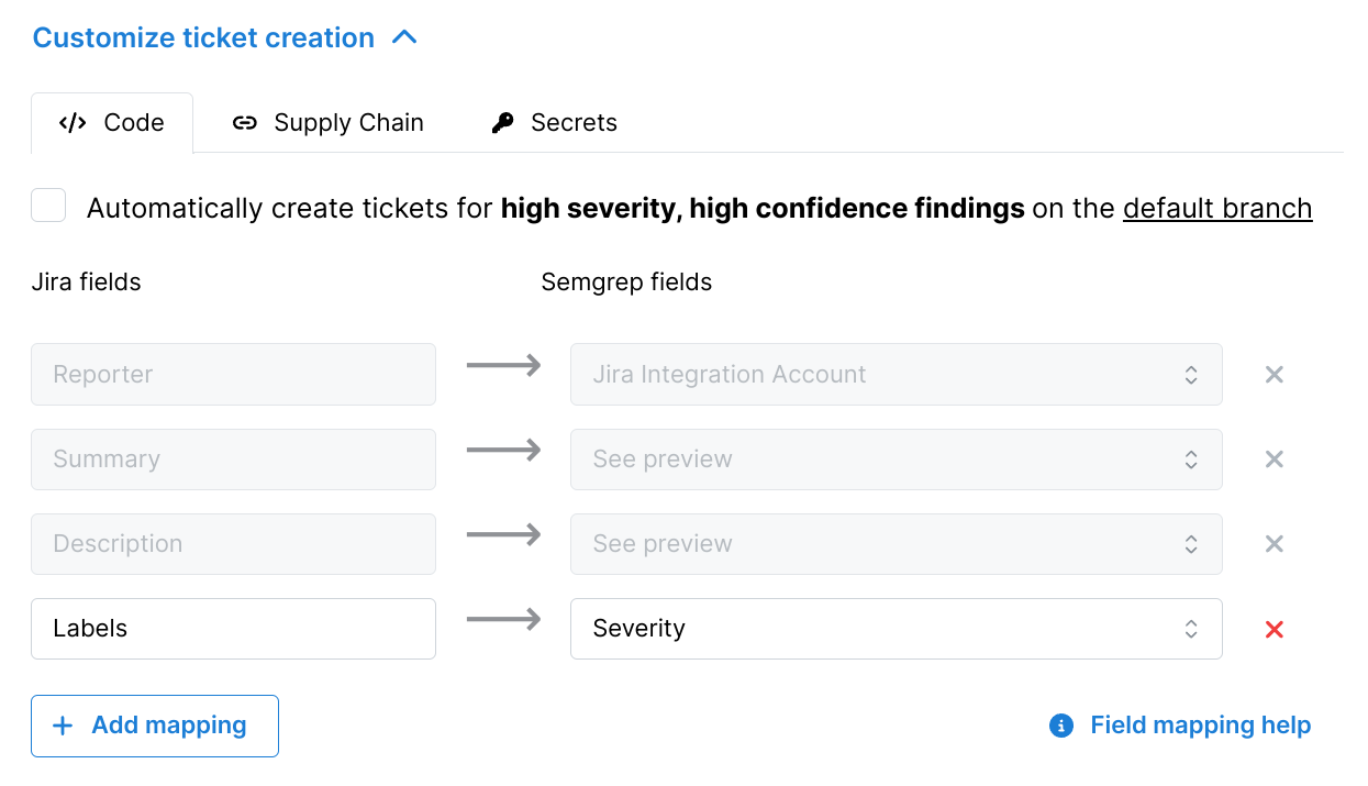 Jira configuration screen for field data mappings