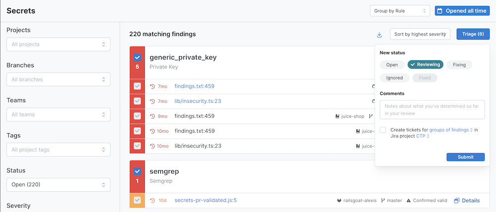 Create a Jira ticket for a Semgrep Secrets finding