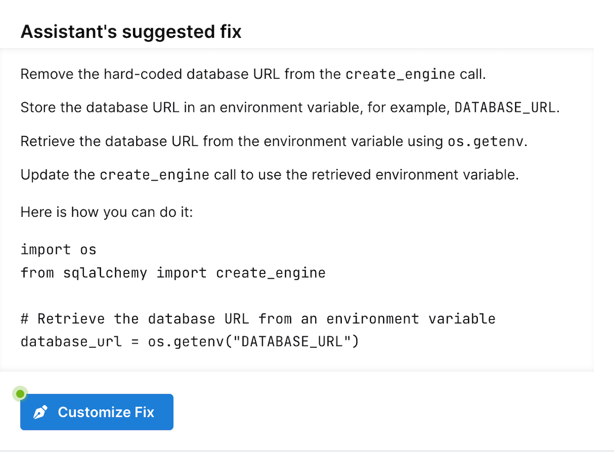 Assistant’s suggested fix for a hardcoded secret in the user’s code