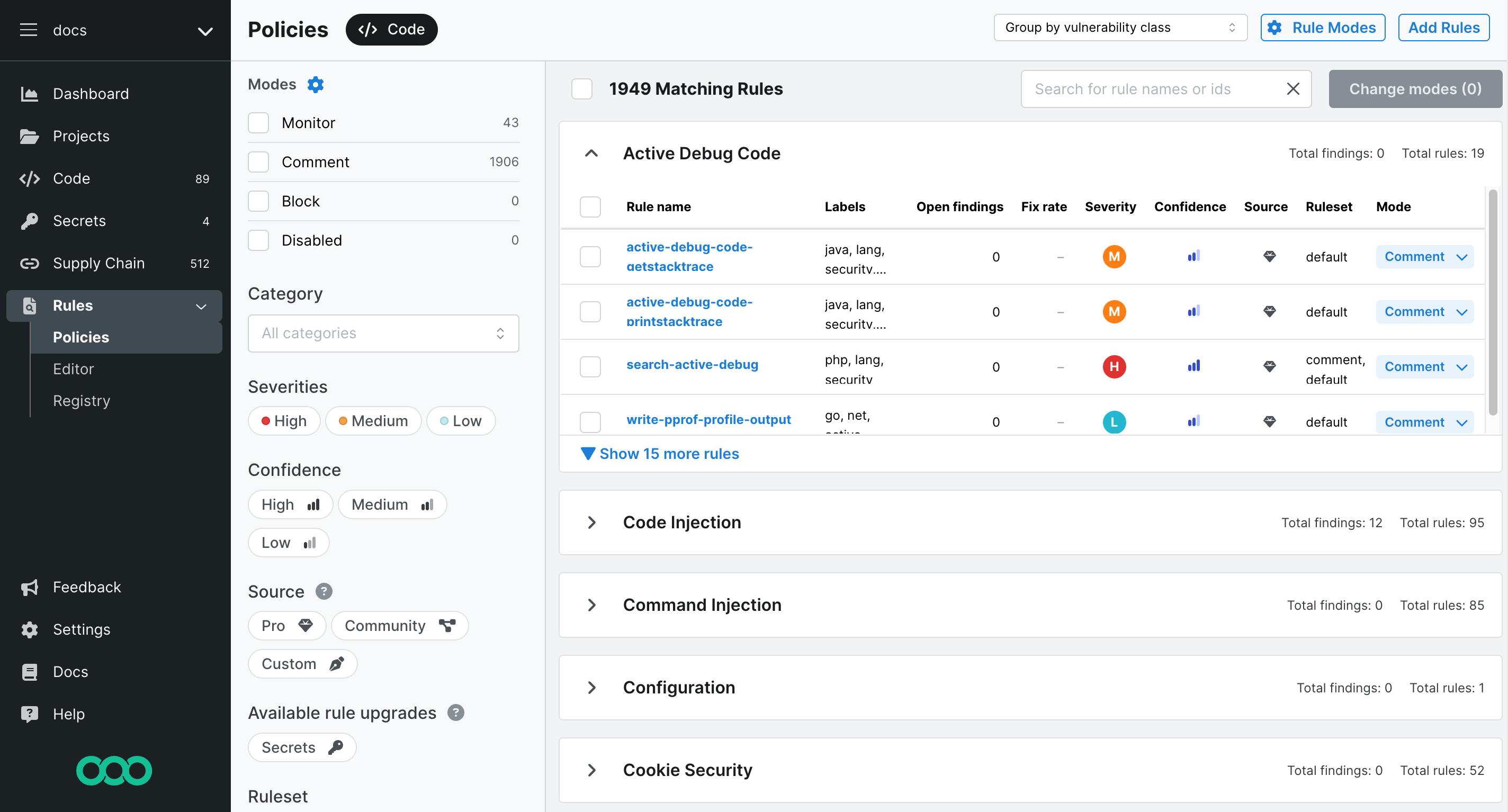 Default view of the Policies page