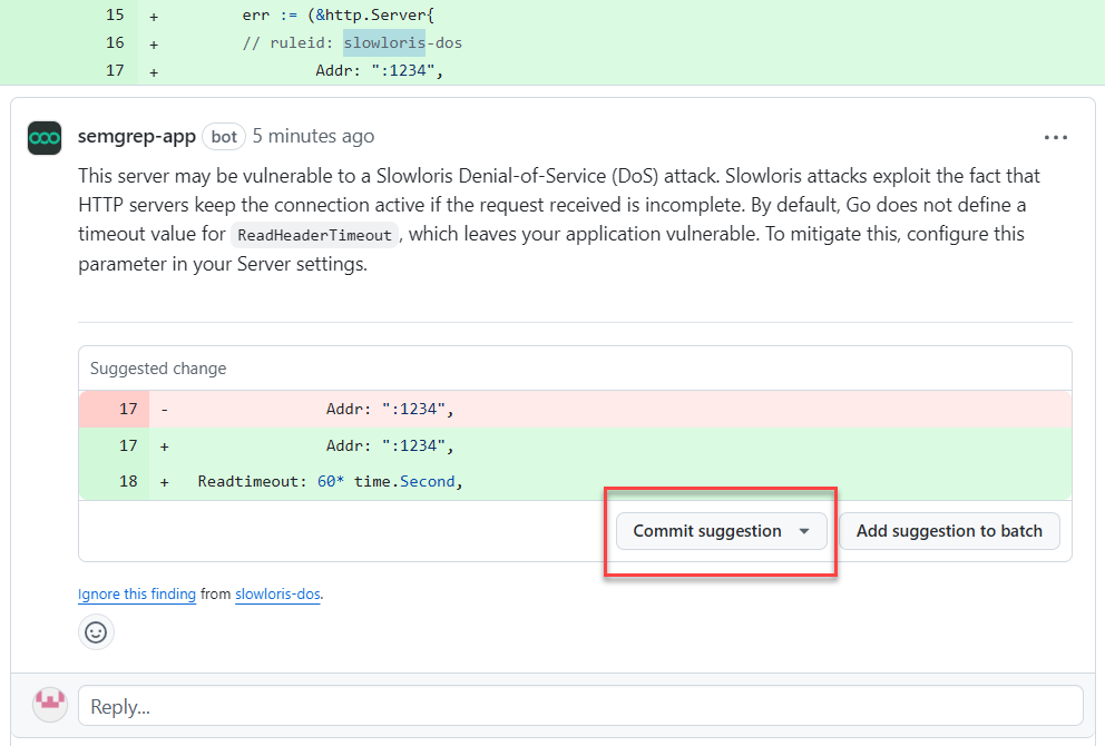 GitHub PR comment with fix suggestion.