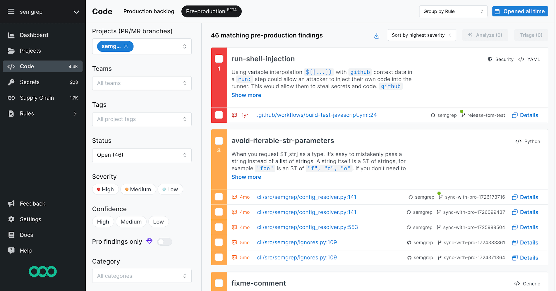 Semgrep AppSec Platform&#39;s Pre-production backlog page