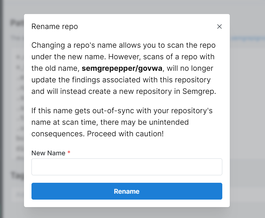 Screenshot of repository rename modal