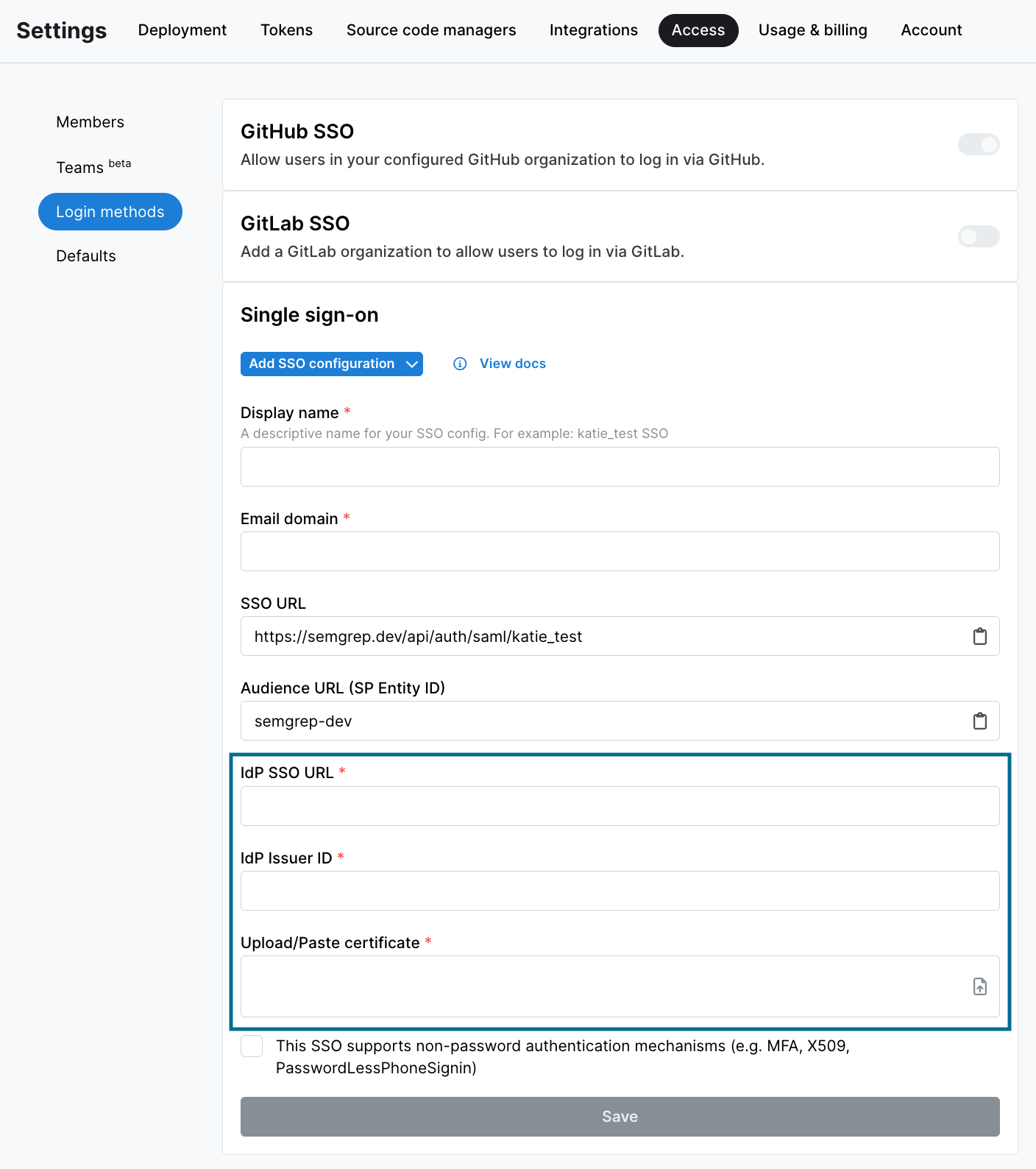 Filling in IdP SSO URL, IdP Issuer ID, and X509 Certificate on Semgrep