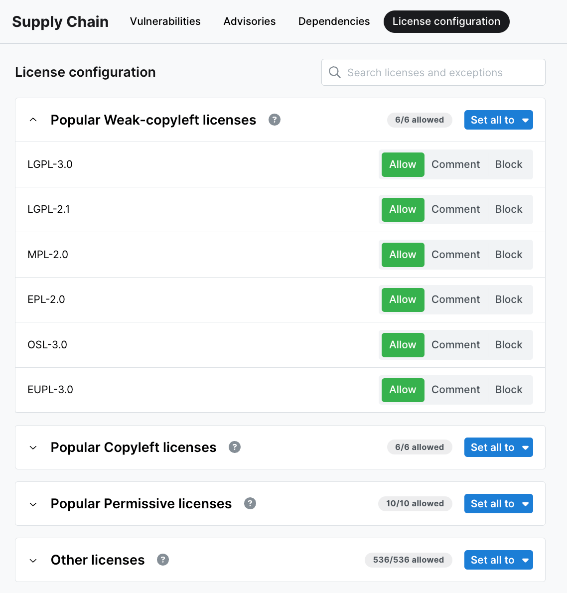 License configuration section