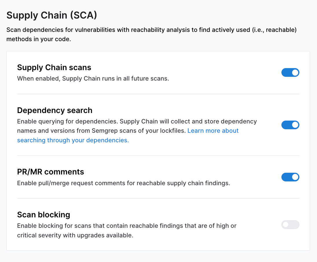 Semgrep Supply Chain Settings tab