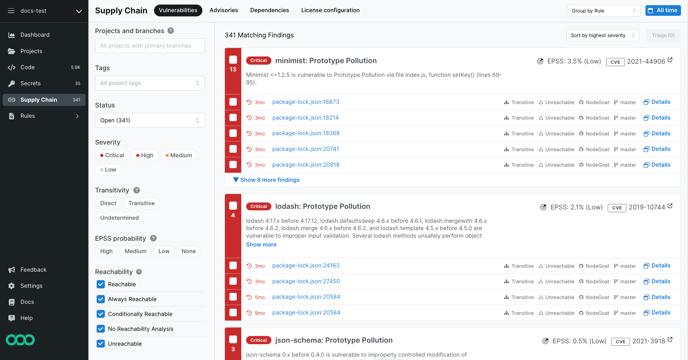 Semgrep Supply Chain Vulnerabilities page