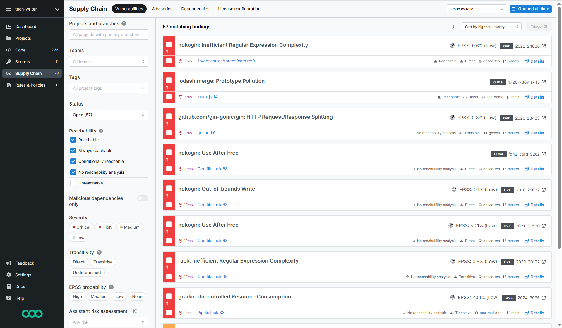 Semgrep Supply Chain Vulnerabilities page