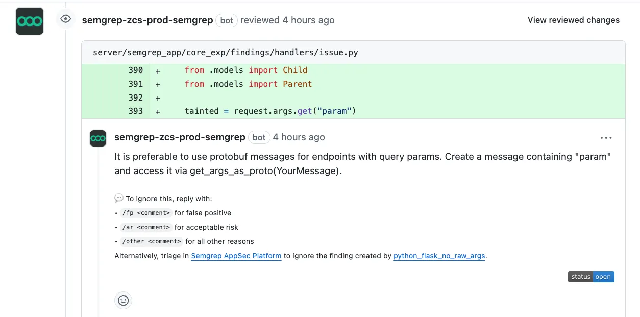 Screenshot of Semgrep AppSec Platform comment in GitHub