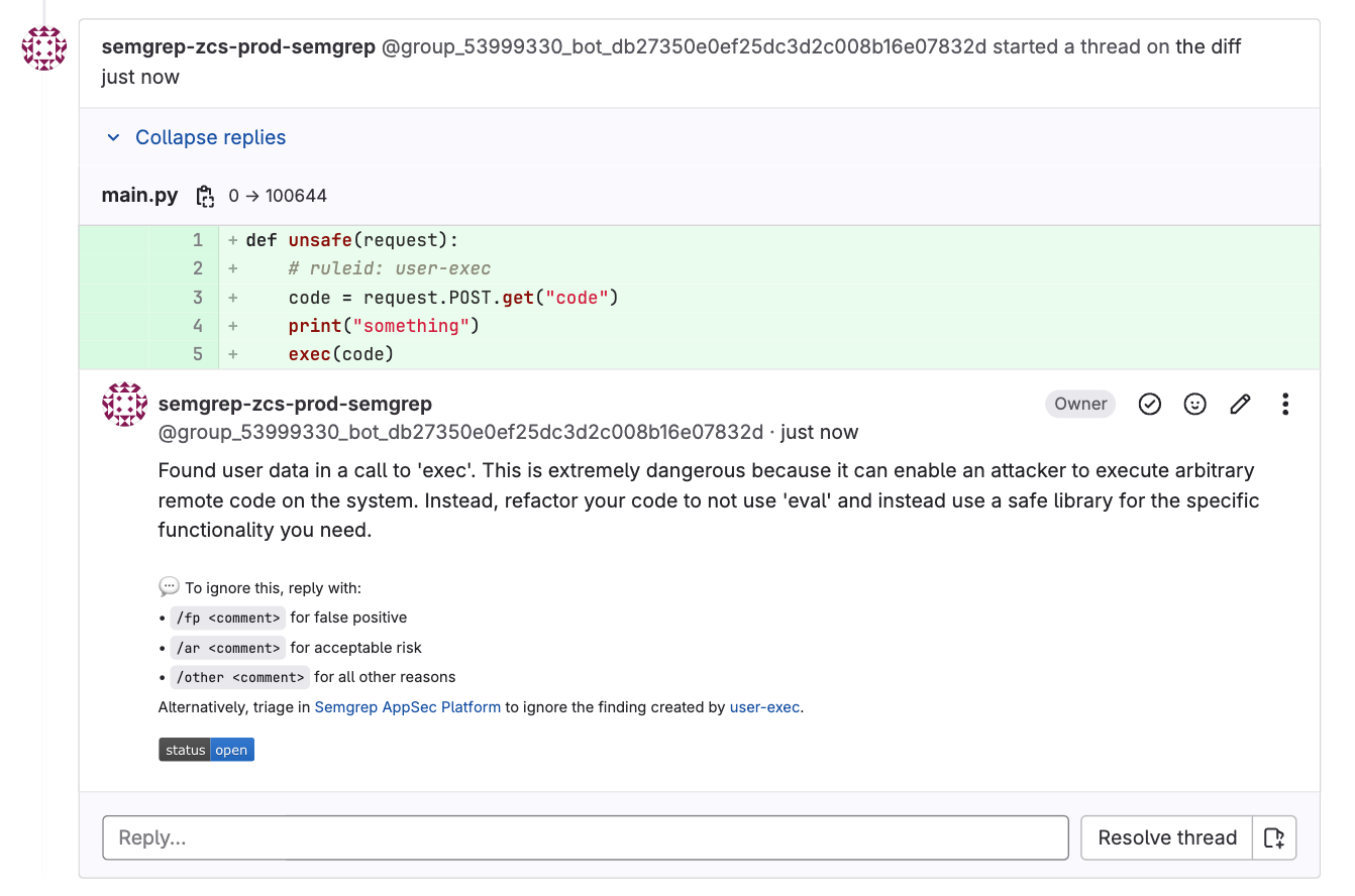 Screenshot of Semgrep AppSec Platform comment in GitLab