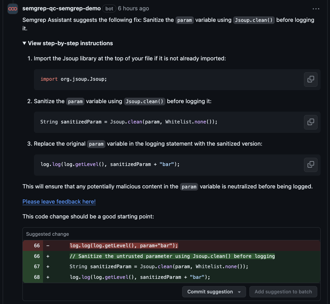 Semgrep Assistant generating a potential fix in a comment