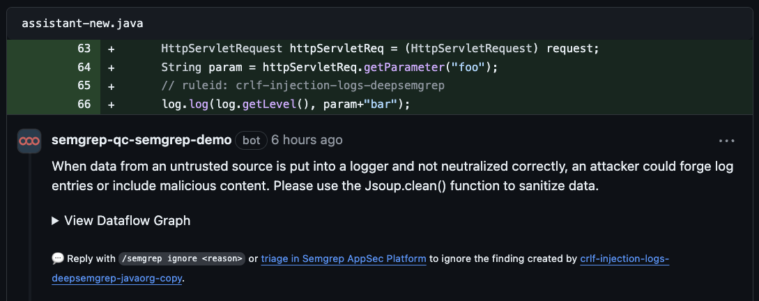 Semgrep Assistant message in GitHub