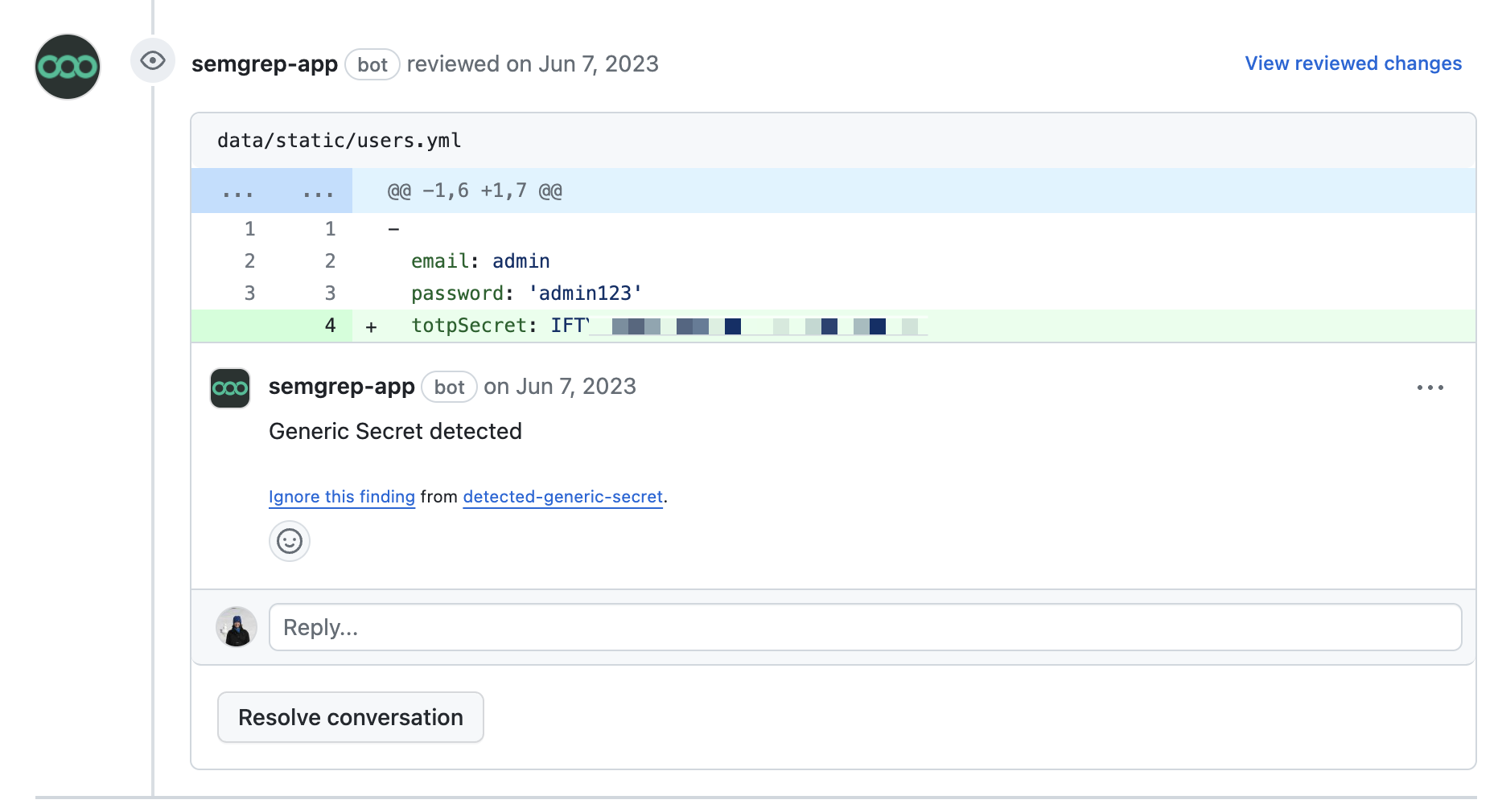 The Semgrep GitHub app commenting on a pull request as itself.