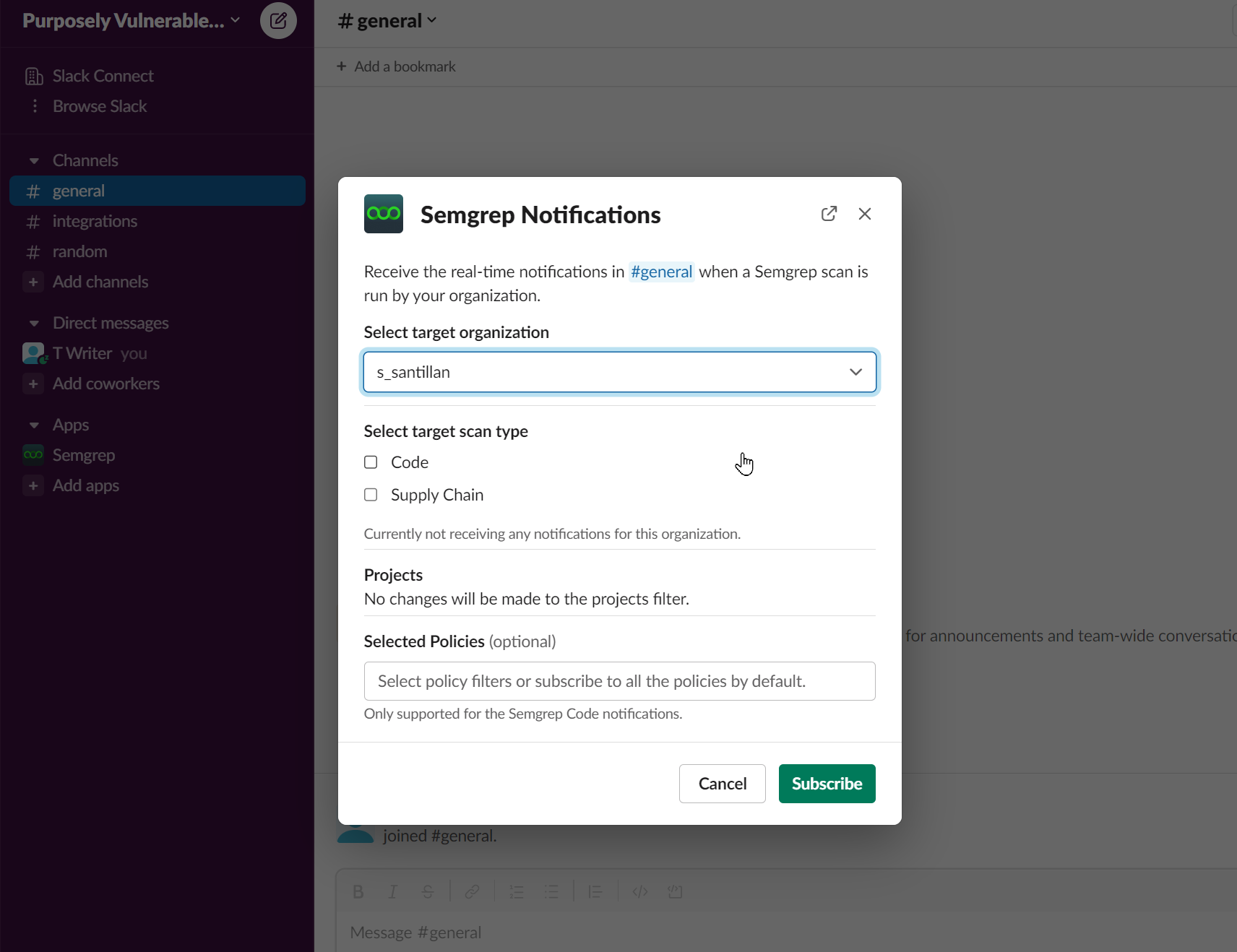 Semgrep Slack app dialog box for subscribing to notifications