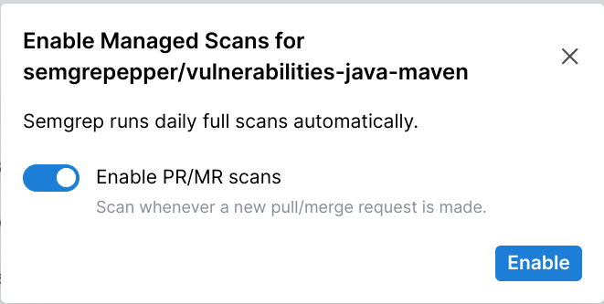 Enable Managed Scans dialog