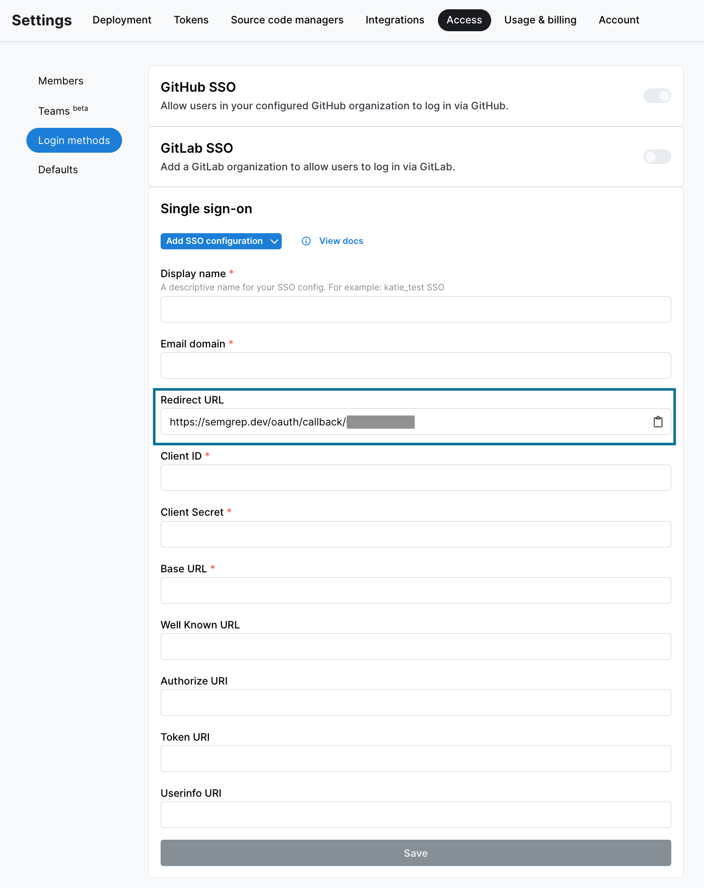 SSO configuration form displaying the redirect URL