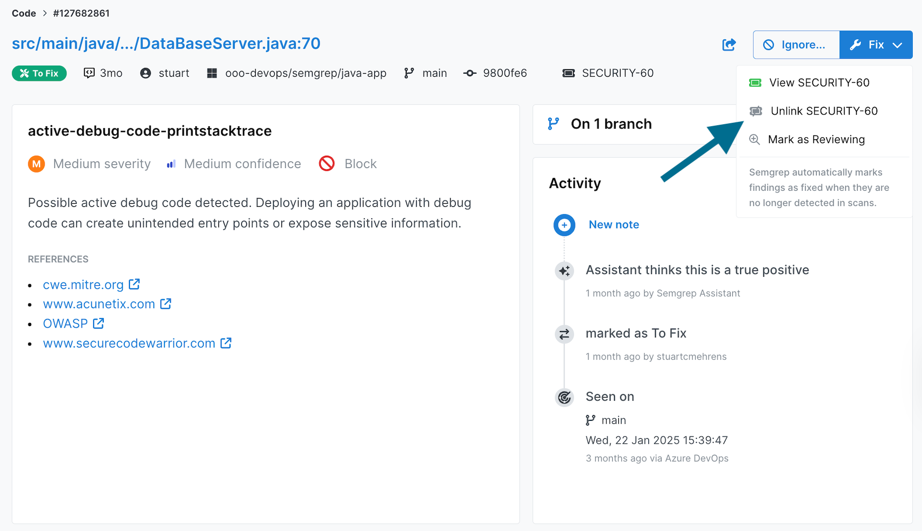 The findings details page with the option to unlink a Jira ticket displayed.