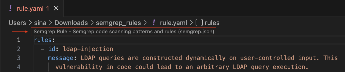Example Semgrep YAML rule file with schema defined