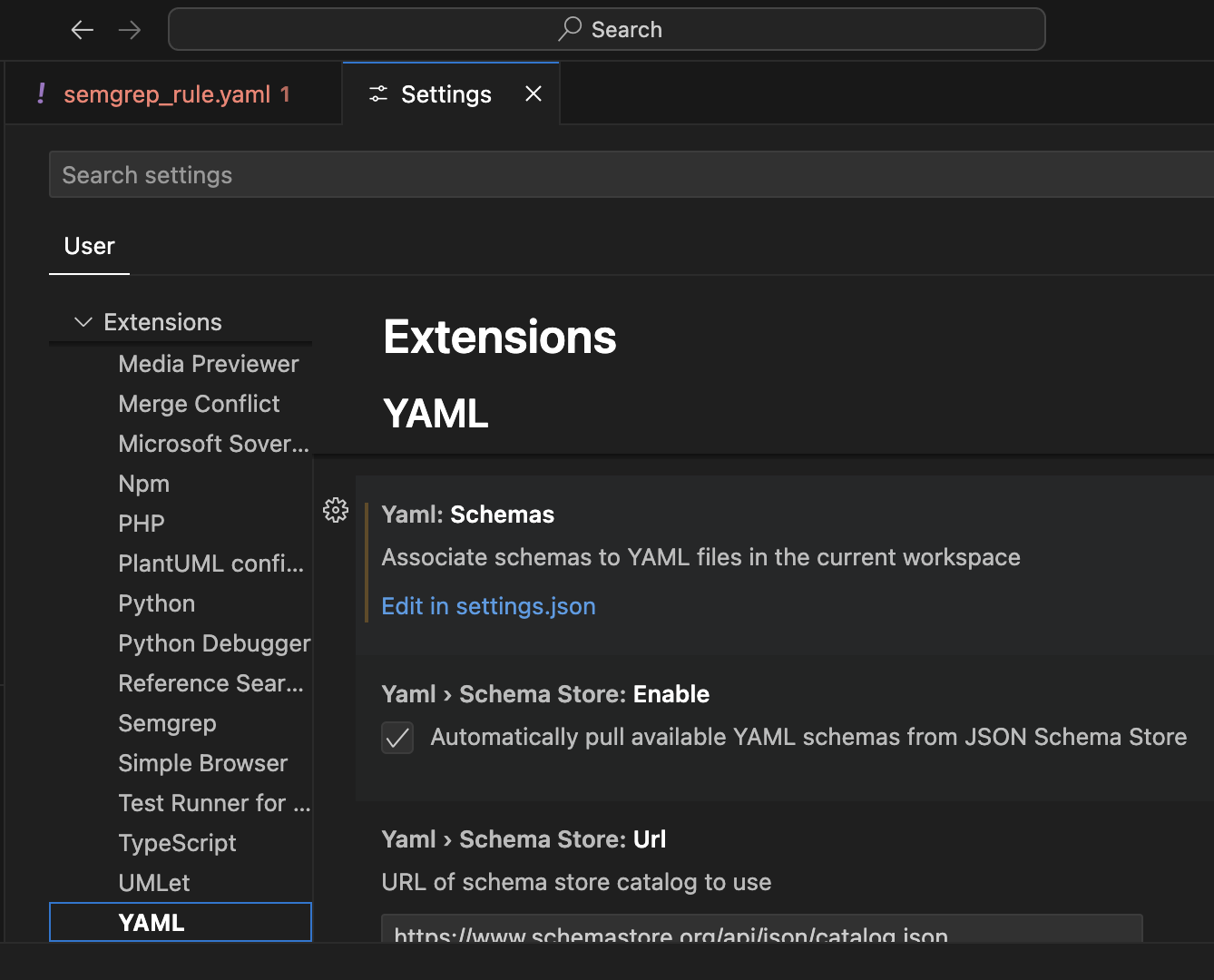 MacOS VS Code YAML extension settings