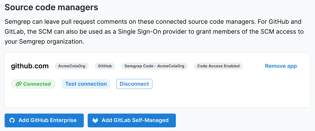 GitHub entry with public and private GitHub app connection